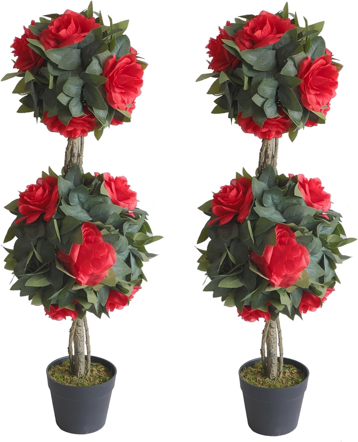 Set Of 3 Artificial Camellia Flower Double Ball Topiary Trees