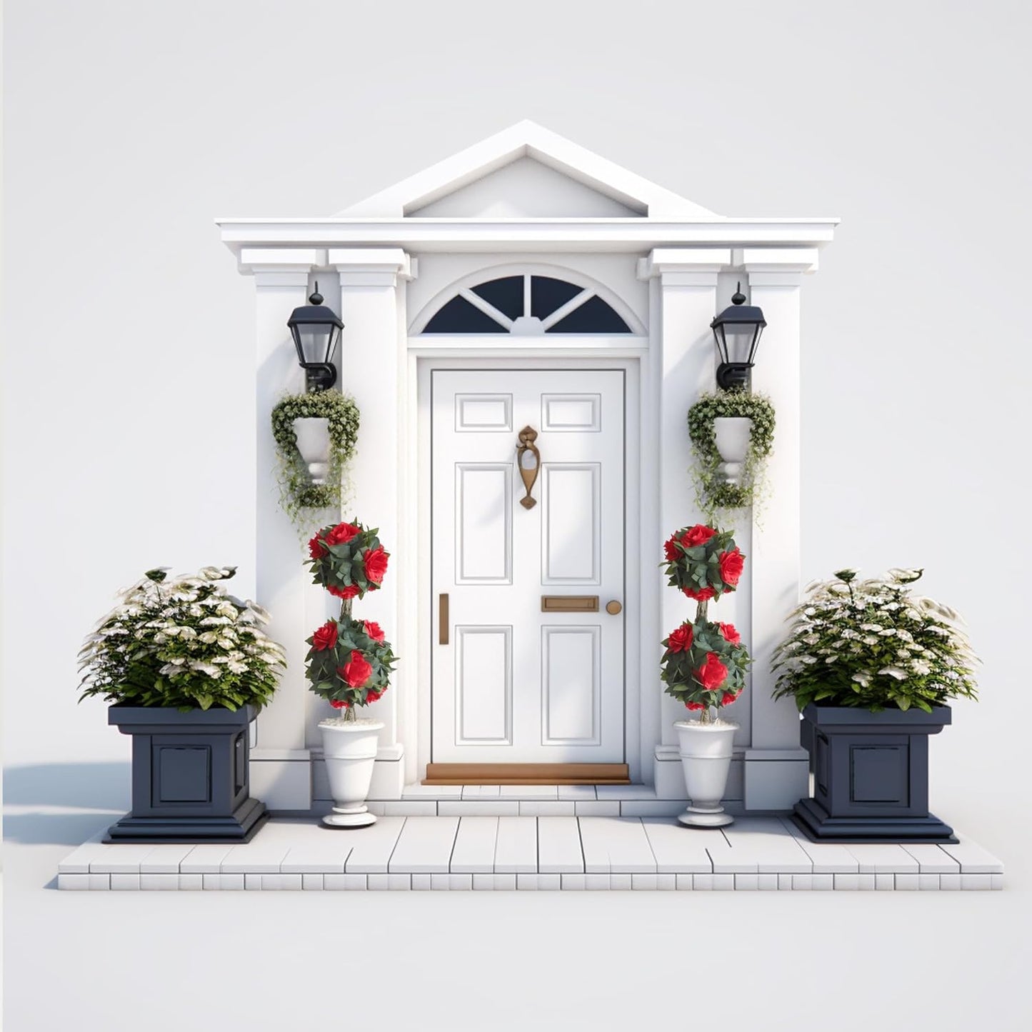 Set Of 3 Artificial Camellia Flower Double Ball Topiary Trees