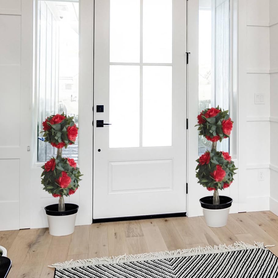 Set Of 3 Artificial Camellia Flower Double Ball Topiary Trees