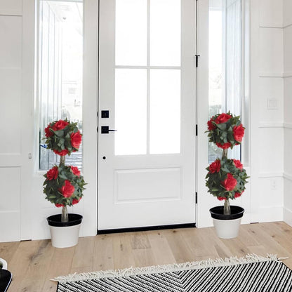 Set Of 3 Artificial Camellia Flower Double Ball Topiary Trees